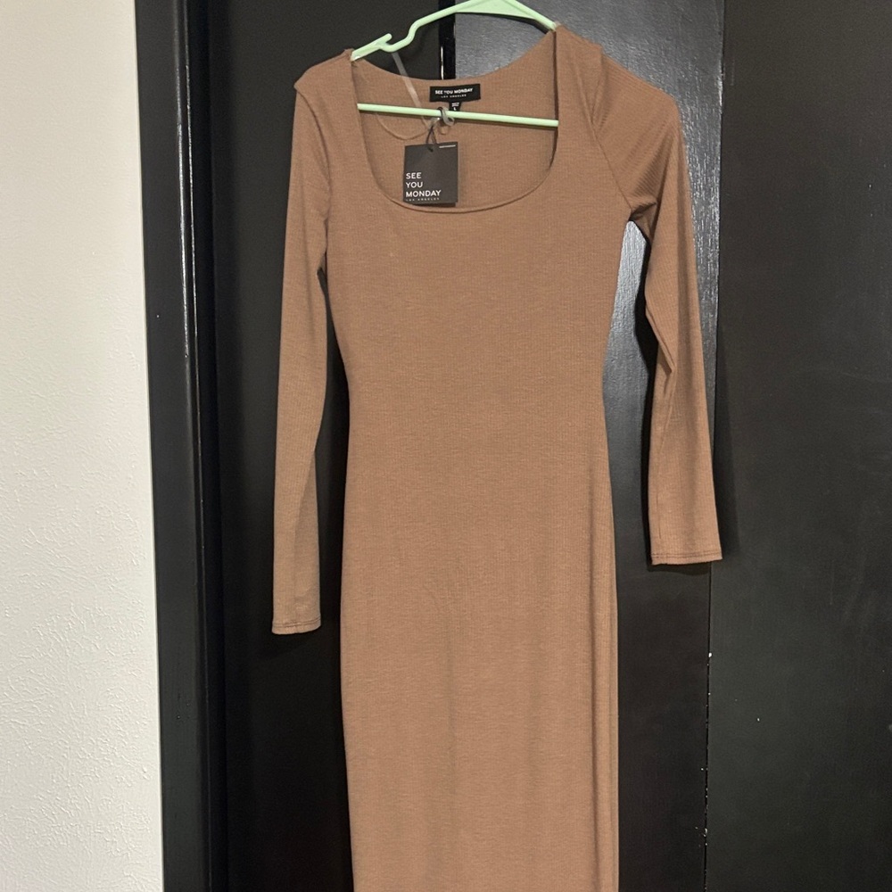 See You Monday Tan Long Sleeve Dress